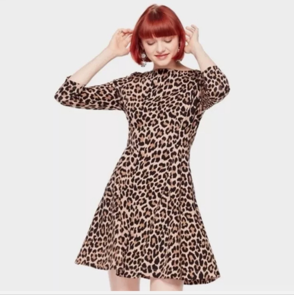 NWT Kate Spade Leopard Print 3/4 Sleeve Knit Dress